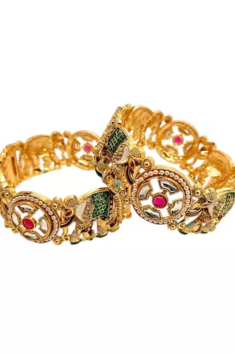 Set of 2 kundan elephant  gold plated bridal screw kada bangles