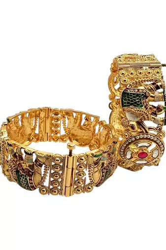 Set of 2 kundan elephant  gold plated bridal screw kada bangles