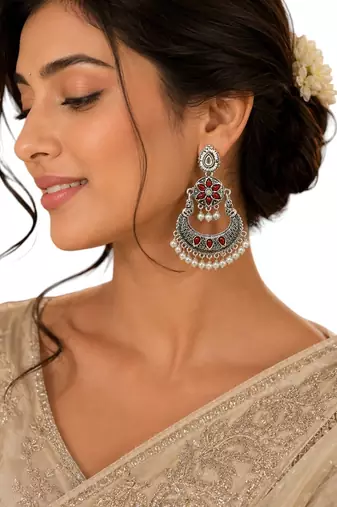 Silver oxidised chandbali earrings