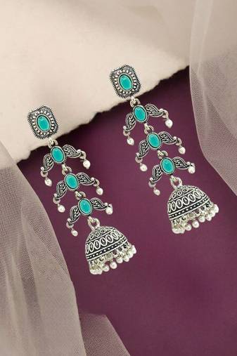 Silver oxidised turquoise lyered long jhumka earrings