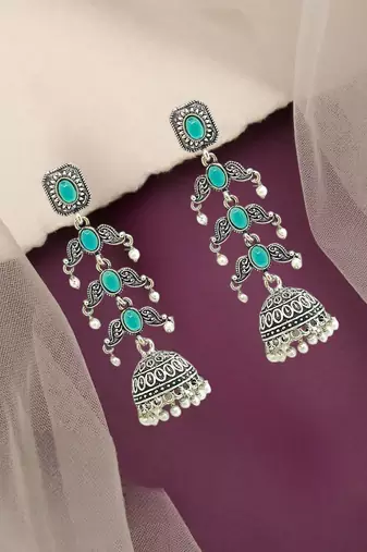 Silver oxidised turquoise lyered long jhumka earrings