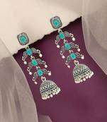 Silver oxidised turquoise lyered long jhumka earrings