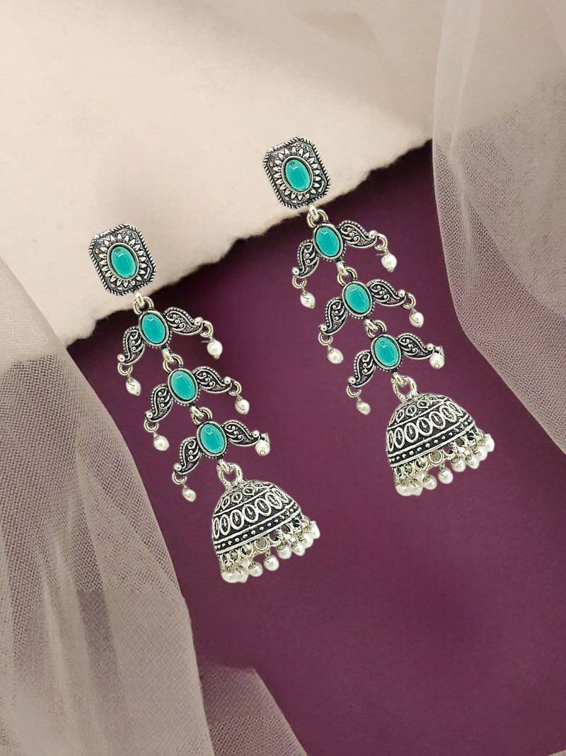 Silver oxidised turquoise lyered long jhumka earrings