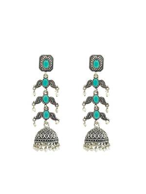 Silver oxidised turquoise lyered long jhumka earrings 2