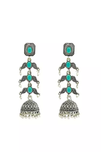Silver oxidised turquoise lyered long jhumka earrings