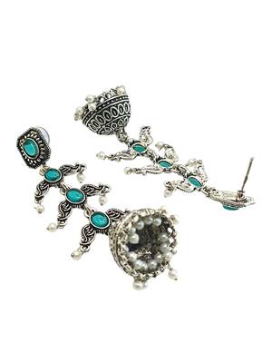 Silver oxidised turquoise lyered long jhumka earrings 3