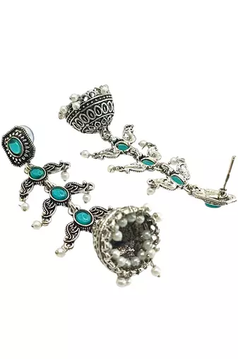 Silver oxidised turquoise lyered long jhumka earrings