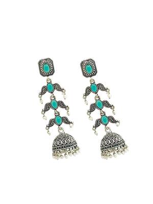 Silver oxidised turquoise lyered long jhumka earrings 4