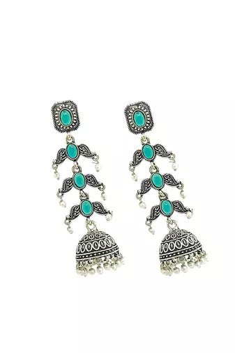 Silver oxidised turquoise lyered long jhumka earrings