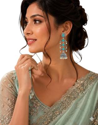 Silver oxidised turquoise lyered long jhumka earrings 5