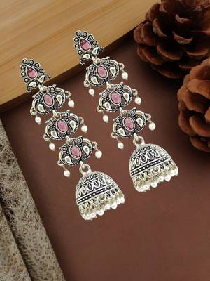 Silver oxidised pastel pink lyered long jhumka earrings 1