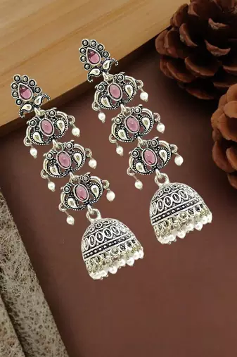 Silver oxidised pastel pink lyered long jhumka earrings