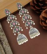 Silver oxidised pastel pink lyered long jhumka earrings
