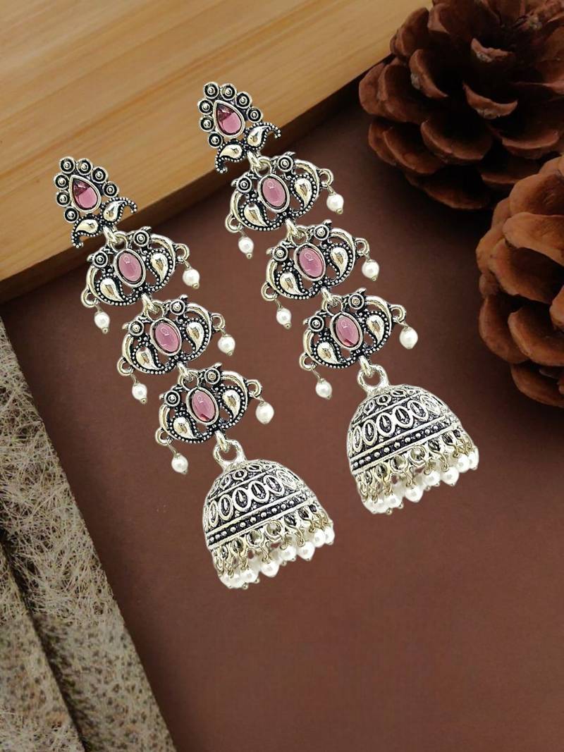 Silver oxidised pastel pink lyered long jhumka earrings