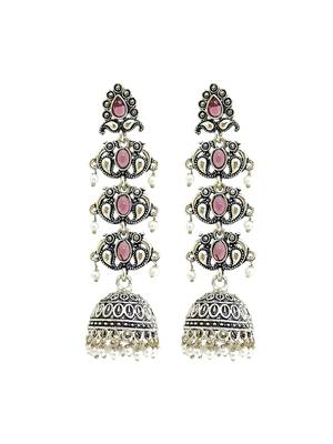 Silver oxidised pastel pink lyered long jhumka earrings 2