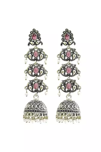 Silver oxidised pastel pink lyered long jhumka earrings