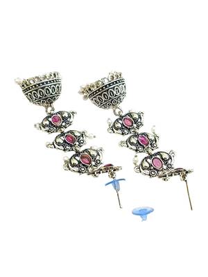 Silver oxidised pastel pink lyered long jhumka earrings 3