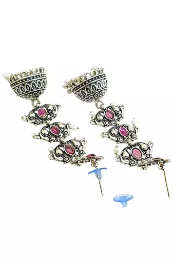 Silver oxidised pastel pink lyered long jhumka earrings
