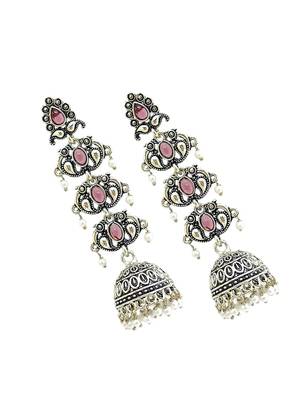 Silver oxidised pastel pink lyered long jhumka earrings 4