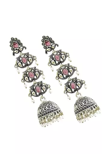 Silver oxidised pastel pink lyered long jhumka earrings