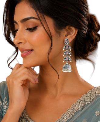 Silver oxidised pastel pink lyered long jhumka earrings 5