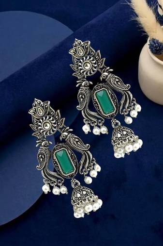 Silver oxidised peacock motif green jhumka earrings