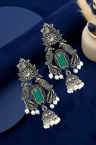 Silver oxidised peacock motif green jhumka earrings