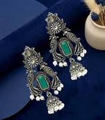 Silver oxidised peacock motif green jhumka earrings