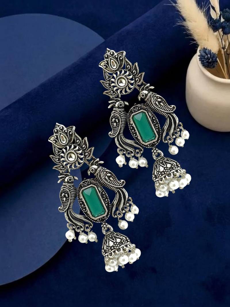 Silver oxidised peacock motif green jhumka earrings