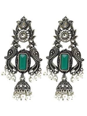 Silver oxidised peacock motif green jhumka earrings 2
