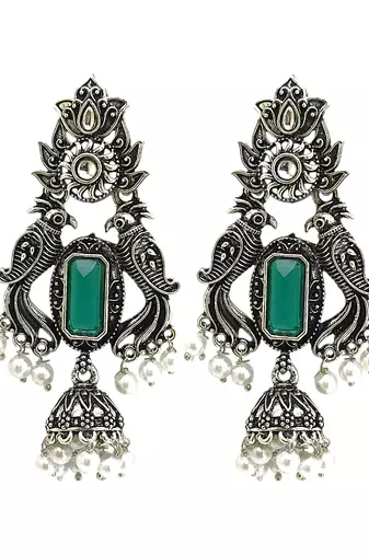 Silver oxidised peacock motif green jhumka earrings
