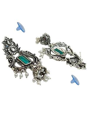 Silver oxidised peacock motif green jhumka earrings 3