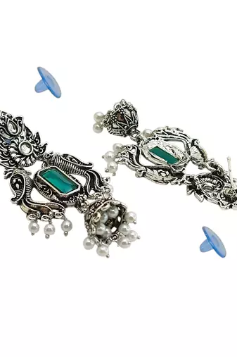 Silver oxidised peacock motif green jhumka earrings