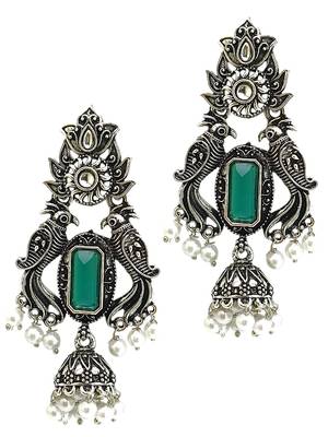 Silver oxidised peacock motif green jhumka earrings 4