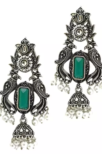 Silver oxidised peacock motif green jhumka earrings