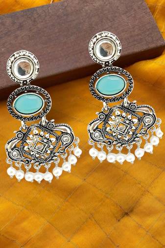 Silver oxidised kundan turquoise blue long earrings