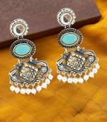 Silver oxidised kundan turquoise blue long earrings