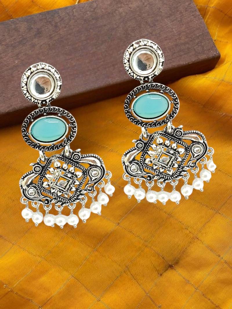 Silver oxidised kundan turquoise blue long earrings