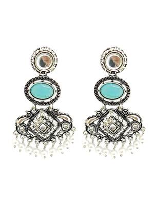Silver oxidised kundan turquoise blue long earrings 2
