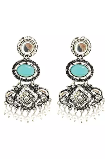 Silver oxidised kundan turquoise blue long earrings