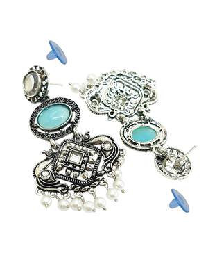 Silver oxidised kundan turquoise blue long earrings 3