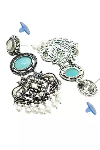 Silver oxidised kundan turquoise blue long earrings