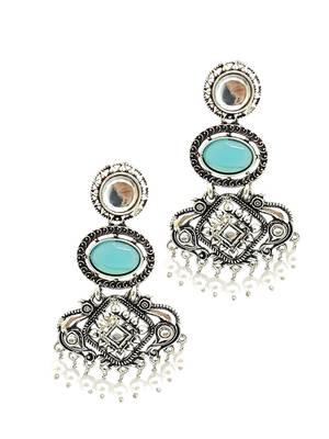 Silver oxidised kundan turquoise blue long earrings 4