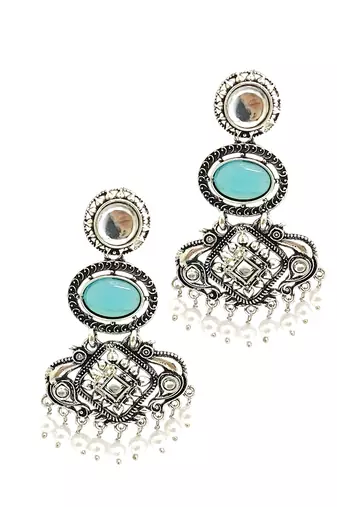 Silver oxidised kundan turquoise blue long earrings