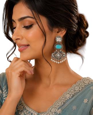 Silver oxidised kundan turquoise blue long earrings 5