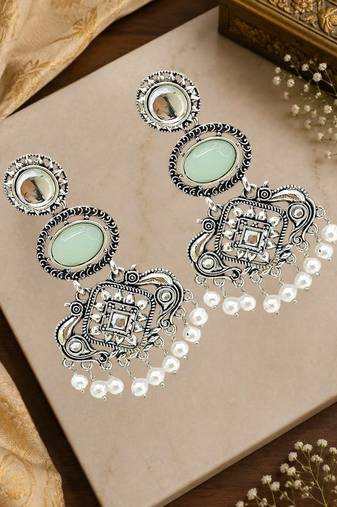 Silver oxidised kundan mint green long earrings