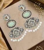 Silver oxidised kundan mint green long earrings