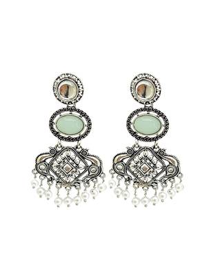 Silver oxidised kundan mint green long earrings 2