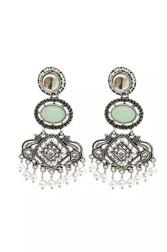 Silver oxidised kundan mint green long earrings