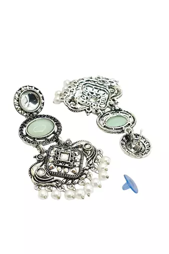 Silver oxidised kundan mint green long earrings